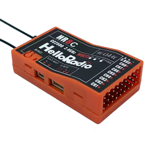 HelloRadio HR8C 2.4GHz 9-channel receiver supports D8/D16/SFHSS protocols for RC models with PWM output.