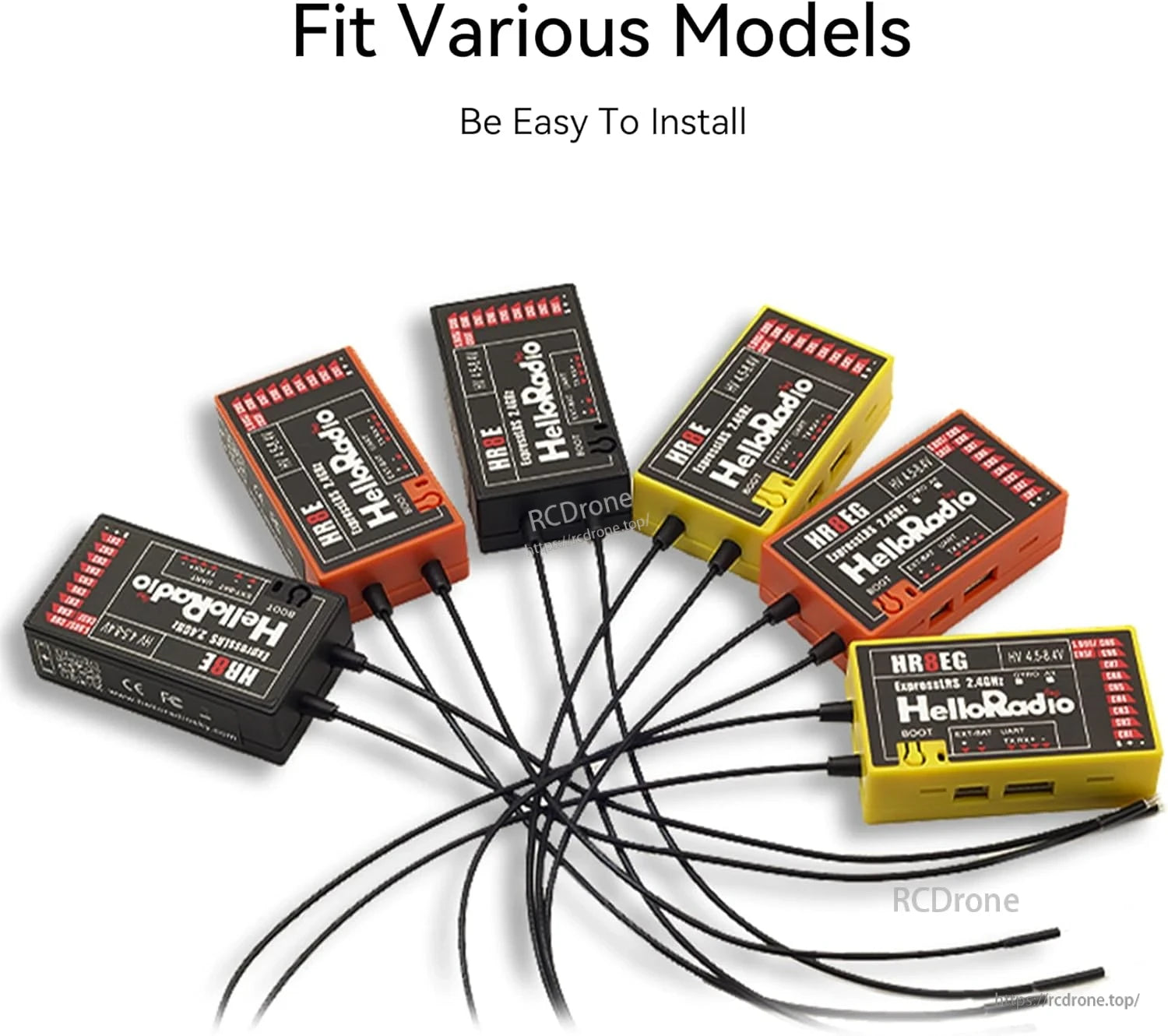 HelloRadioSky HR8E 2.4GHz ELRS 9CH PWM Receiver, HelloRadio HR8E 2.4GHz ELRS receivers offer 9CH PWM, compact size, and easy installation in various RC models, available in multiple colors.