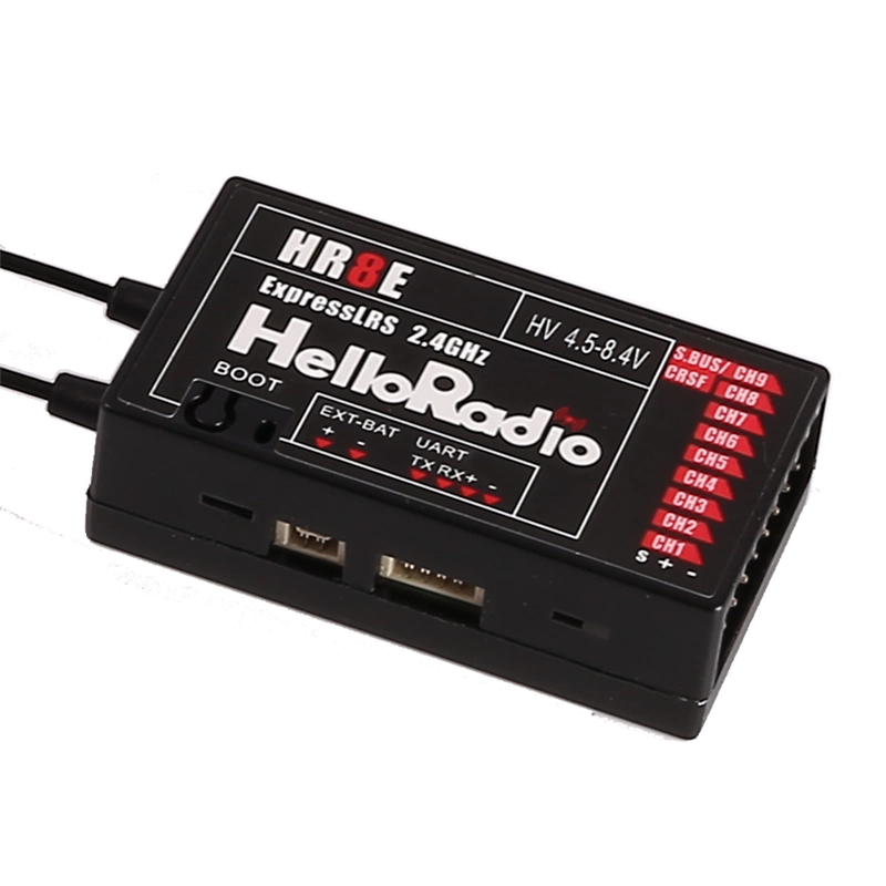 HelloRadioSky HR8E 2.4GHz ELRS 9CH PWM Receiver, HR8E ExpressLRS 2.4GHz receiver: 9-channel, HV-compatible, dual antenna, telemetry, UART, S.BUS/CRSF, CH1-CH9 outputs, EXT-BAT support.