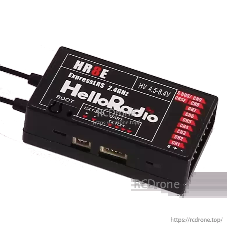 HelloRadioSky HR8E 2.4GHz ELRS 9CH PWM Receiver, HR8E ExpressLRS 2.4GHz receiver: 9-channel, HV input, dual antennas, telemetry, S.BUS/CH9 output—ideal for fixed-wing aircraft and boats.