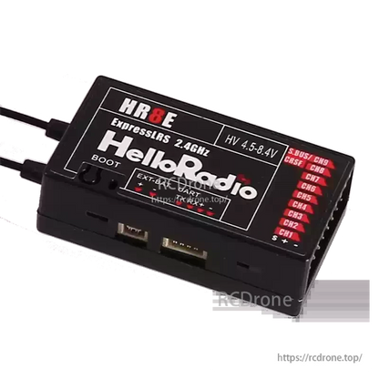 HelloRadioSky HR8E 2.4GHz ELRS 9CH PWM Receiver, HR8E ExpressLRS 2.4GHz receiver: 9-channel, HV input, dual antennas, telemetry, S.BUS/CH9 output—ideal for fixed-wing aircraft and boats.