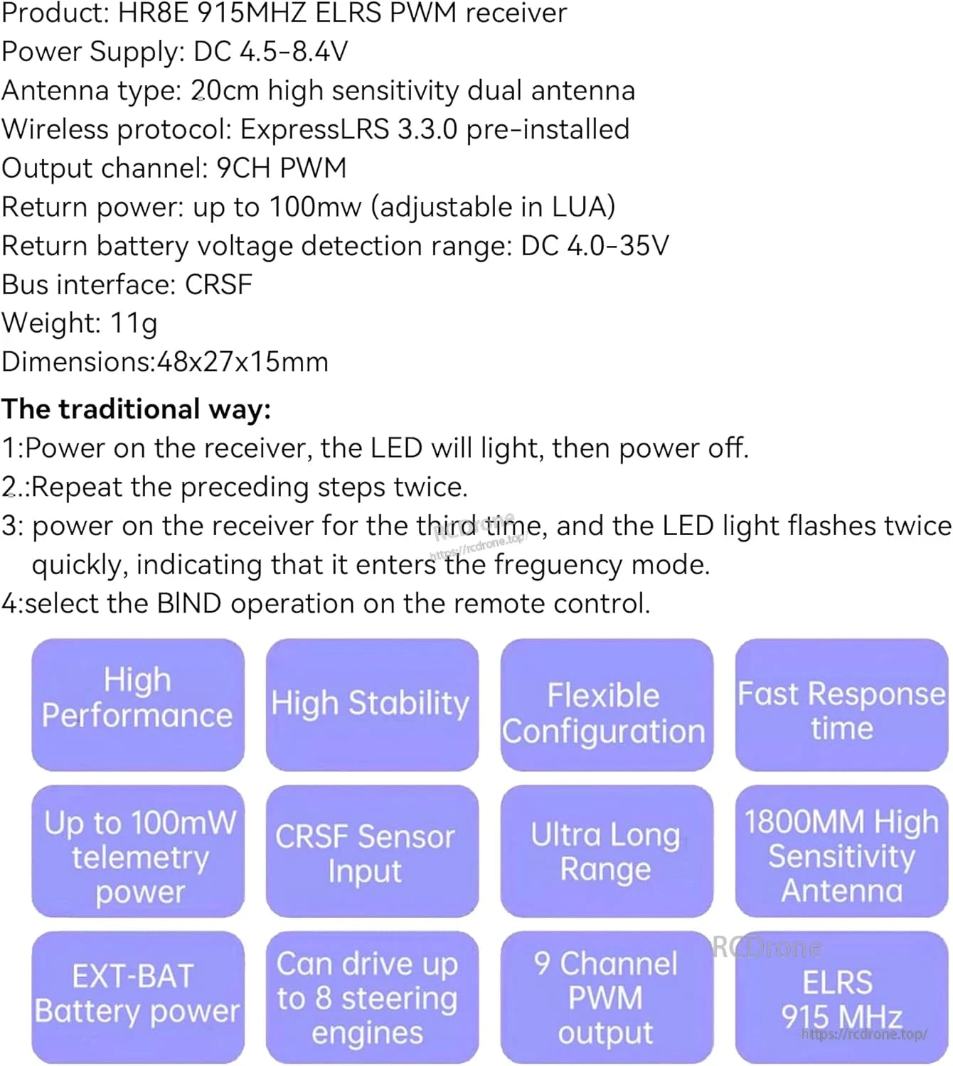 HelloRadioSky HR8E 2.4GHz ELRS 9CH PWM Receiver, HR8E 915MHz ELRS PWM receiver: 9CH, dual antennas, CRSF, 11g, supports ExpressLRS 3.3.0, adjustable power, voltage detection—high performance and stable.