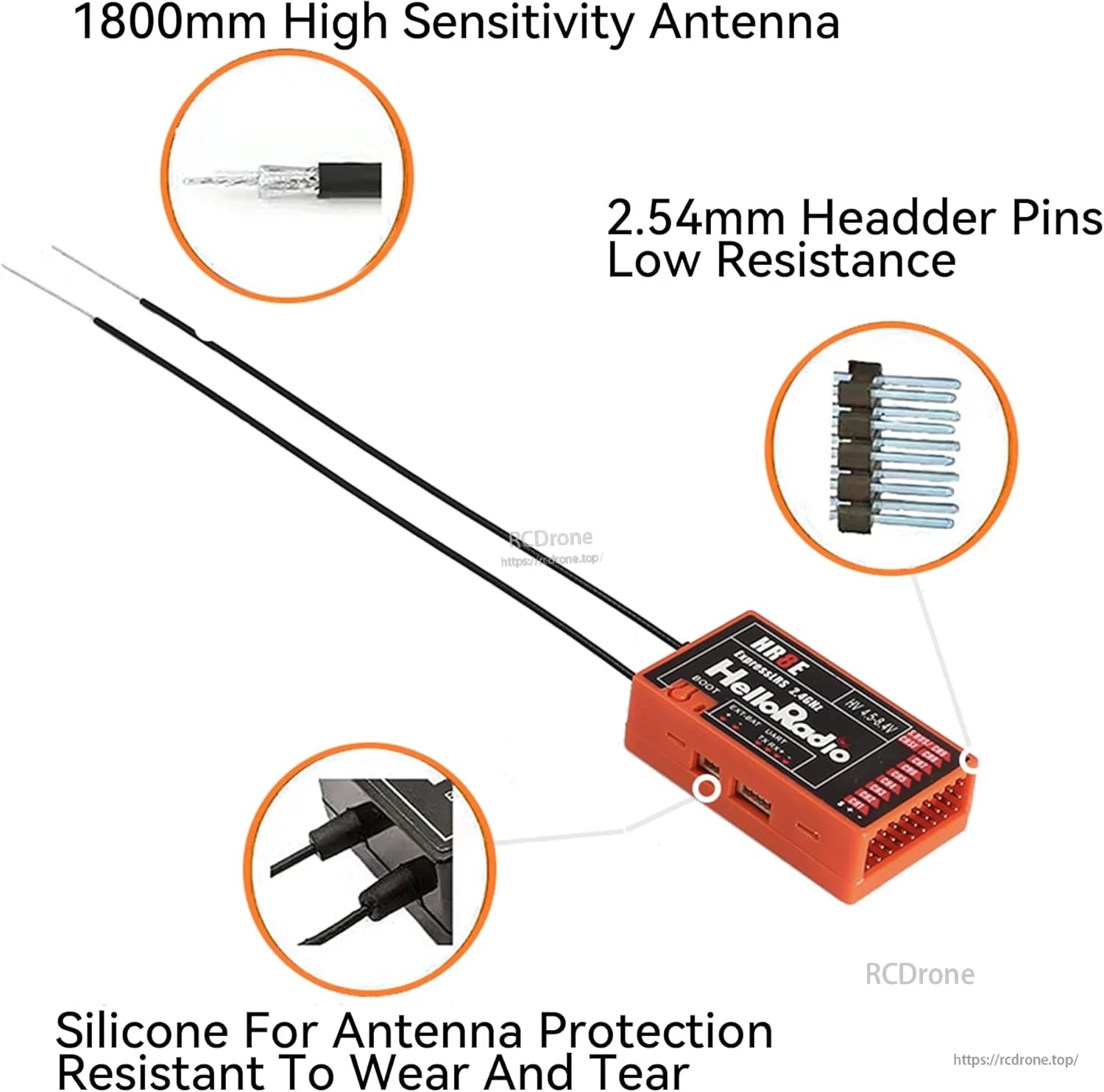 HelloRadioSky HR8E 2.4GHz ELRS 9CH PWM Receiver, Durable HelloRadio receiver features high-sensitivity 1800mm antenna, low-resistance pins, and silicone wear protection.