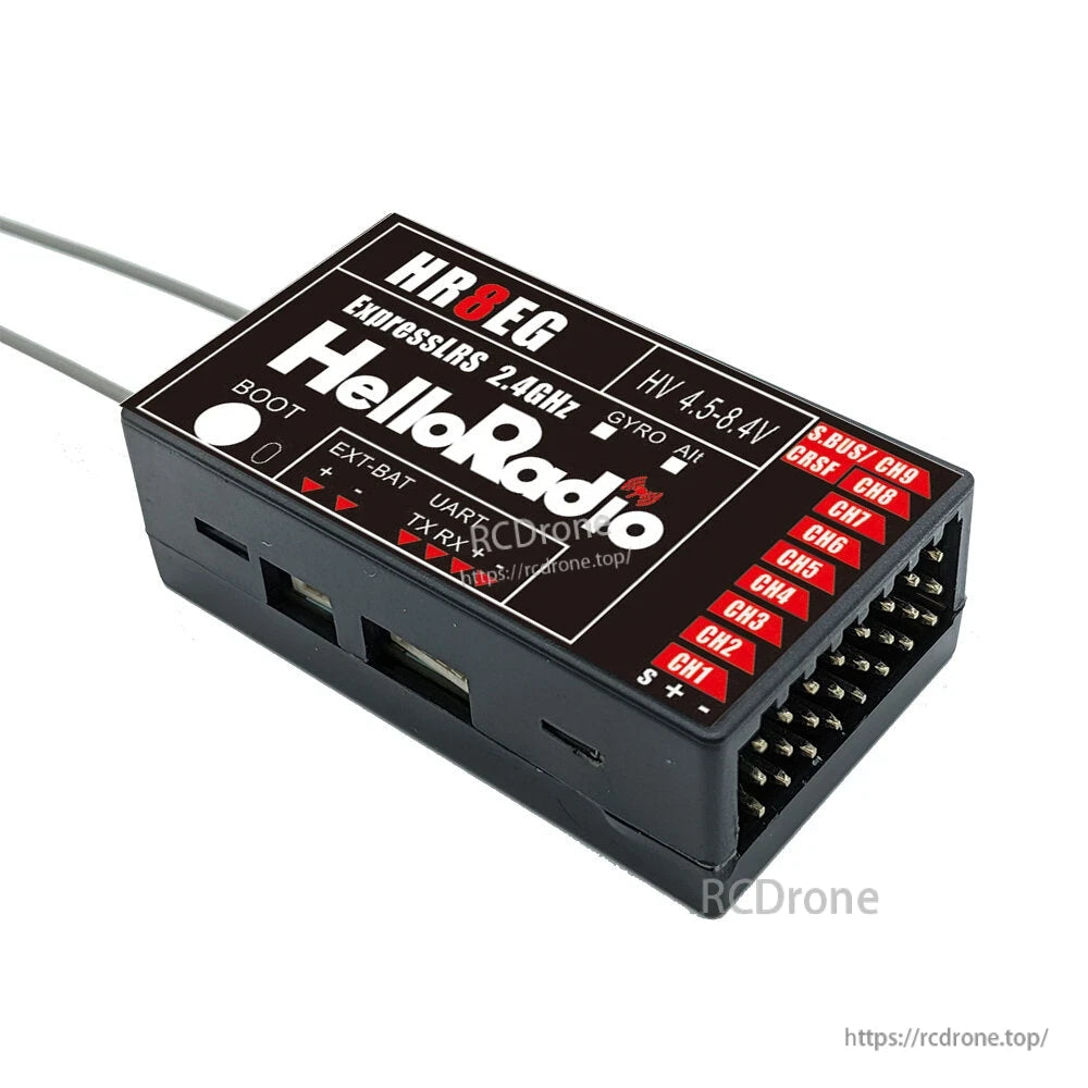 HR8EG receiver pin header close-up showing CH1–CH8, S.BUS, and VCC/GND markings on output side