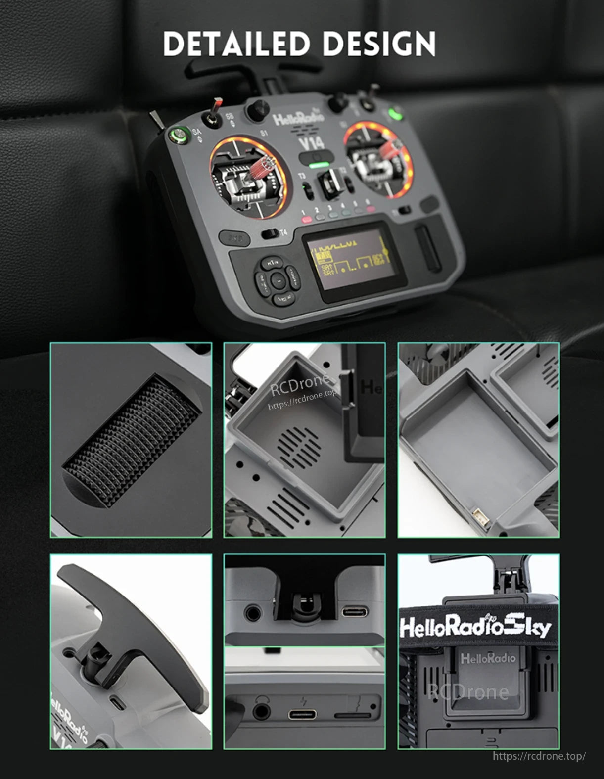 The HelloRadioSky MAX R9 Gimbal features ergonomic grips, illuminated controls, a display, and modular compartments for improved usability.