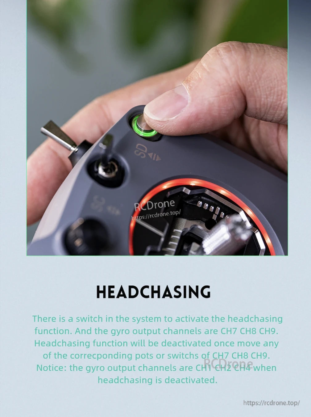 HelloRadioSky MAX R9 Gimbal, Headchasing activates via switch, uses CH7–9; deactivates if those move, reverting to CH1, CH2, CH4.