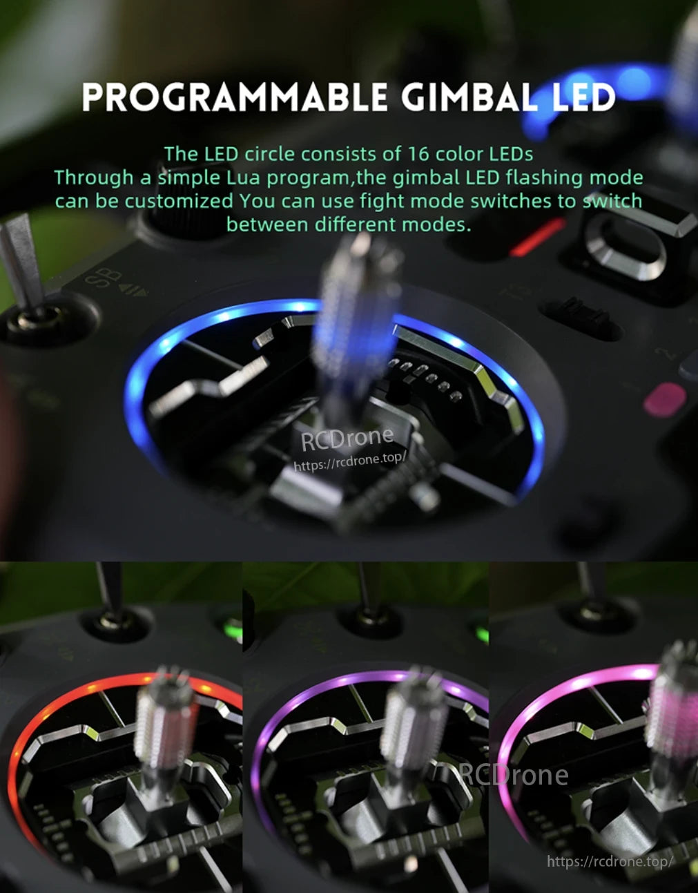 HelloRadioSky MAX R9 Gimbal, Programmable 16-color gimbal LED customizable via Lua, with dynamic lighting controlled by flight mode switches.