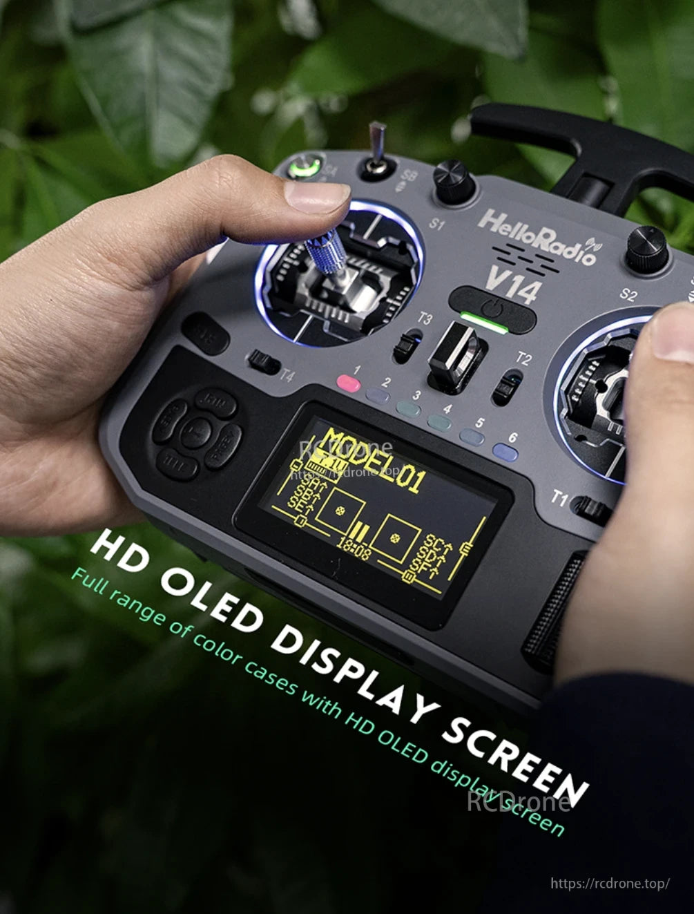 HelloRadioSky MAX R9 Gimbal, HelloRadio V14 remote with HD OLED screen, held in hands against green foliage background.