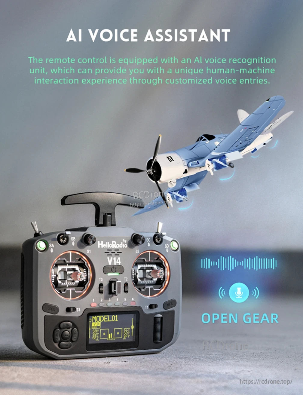 The HelloRadioSky MAX R9 Gimbal remote control has an AI voice assistant for personalized interaction.