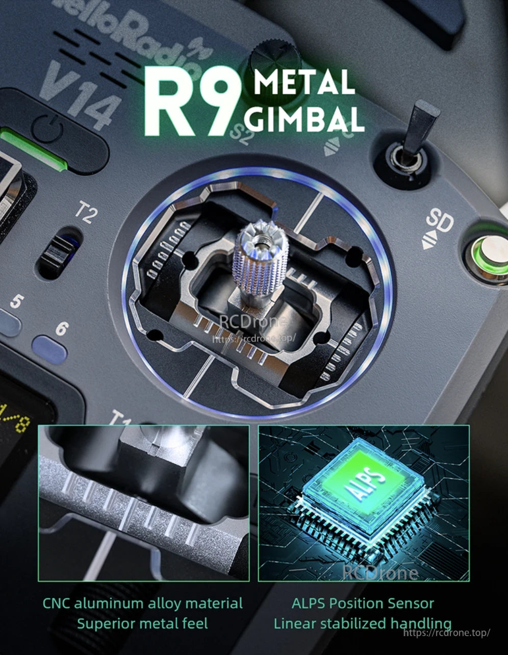 HelloRadioSky MAX R9 Gimbal, R9 Metal Gimbal: CNC aluminum with ALPS sensor for superior feel and stabilized handling.