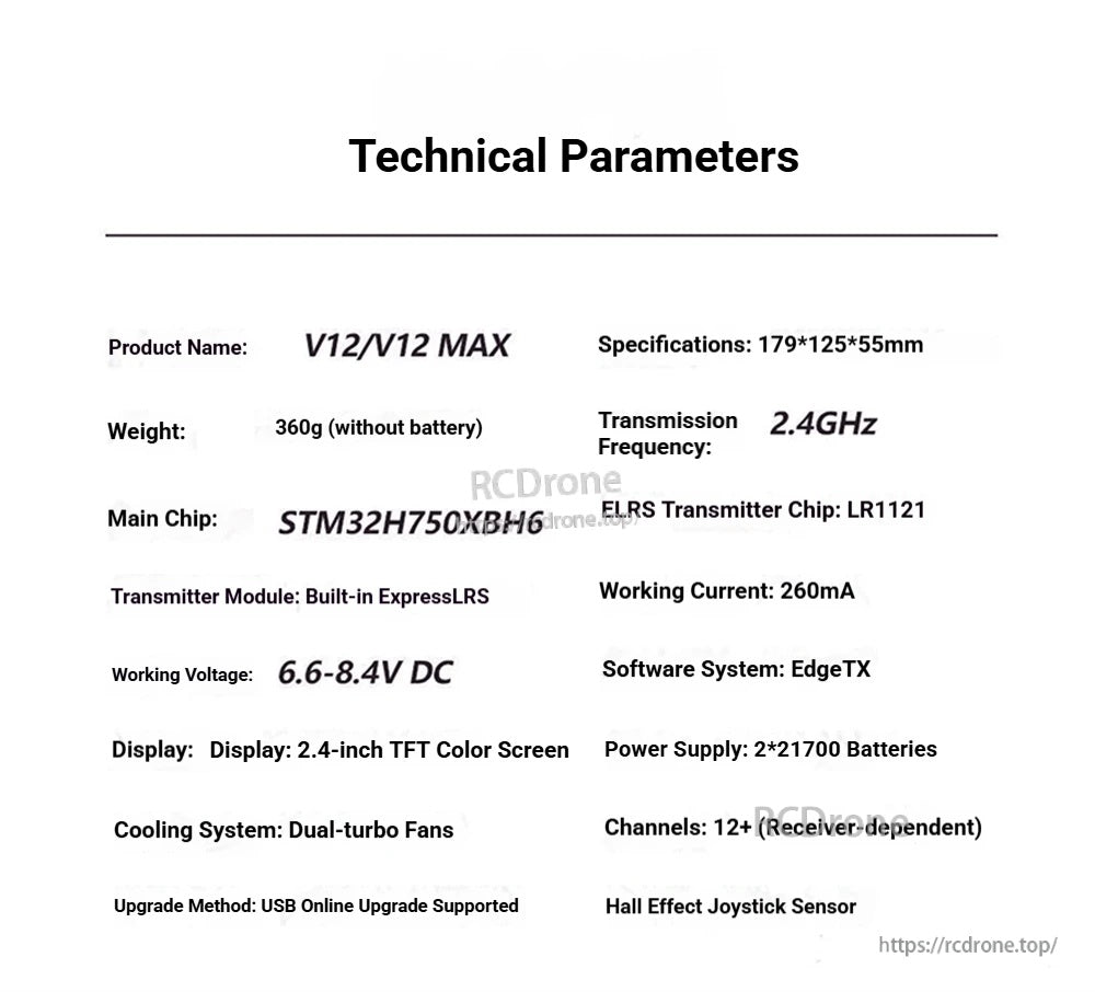 V12/V12 MAX technical parameters table: 2.4GHz, EdgeTX, LR1121, STM32H750, 1000mW max, 2.4in screen