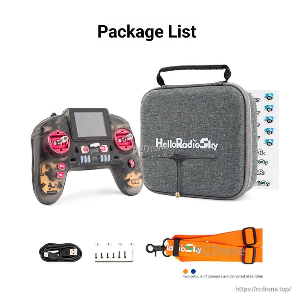 Package list: V12 transmitter, carrying case, USB cable, screws, and neck strap
