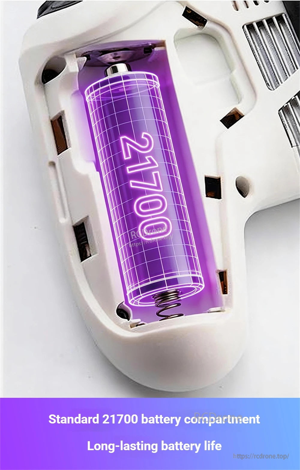 Internal 21700 battery compartment illustration for V12 radio transmitter (two-cell bay)