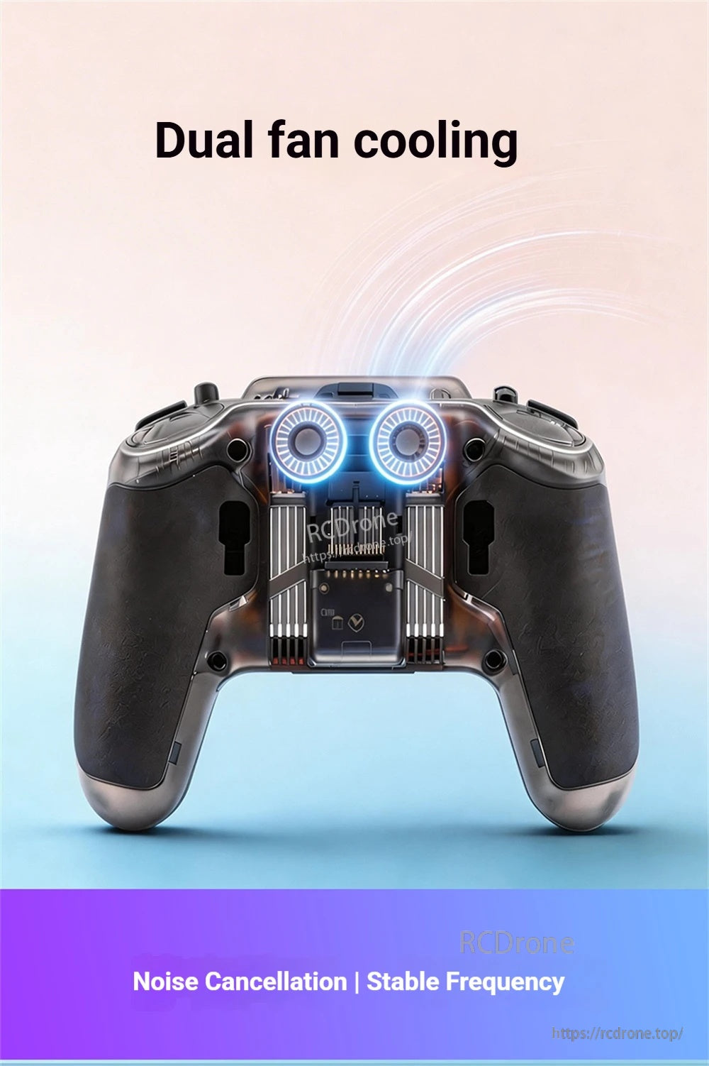 Back view of V12 radio showing dual fan cooling system for stable operating frequency