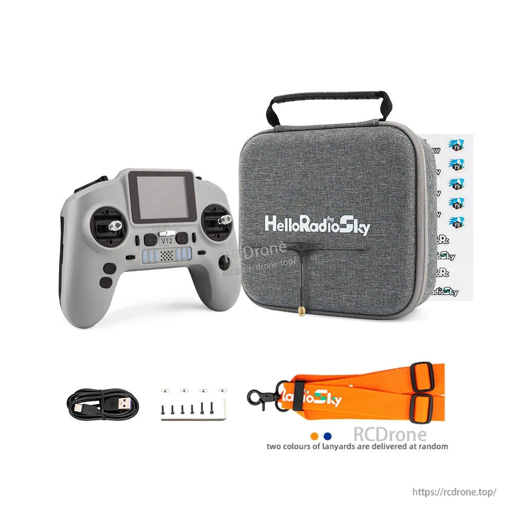 Package contents: V12 radio transmitter, HelloRadioSky carry case, USB cable, screws, lanyard, and manuals