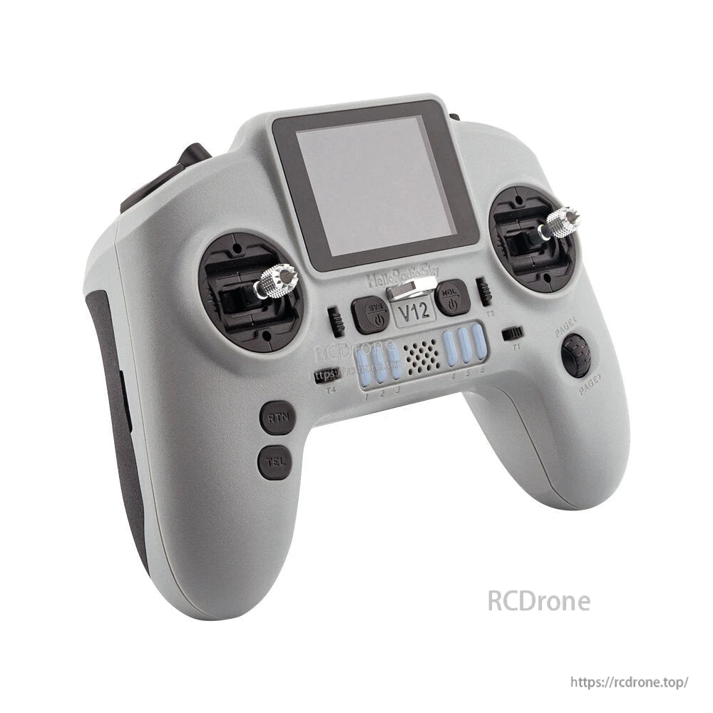 HelloRadioSky V12 ELRS transmitter 3/4 view showing side grip texture, gimbals, and function buttons