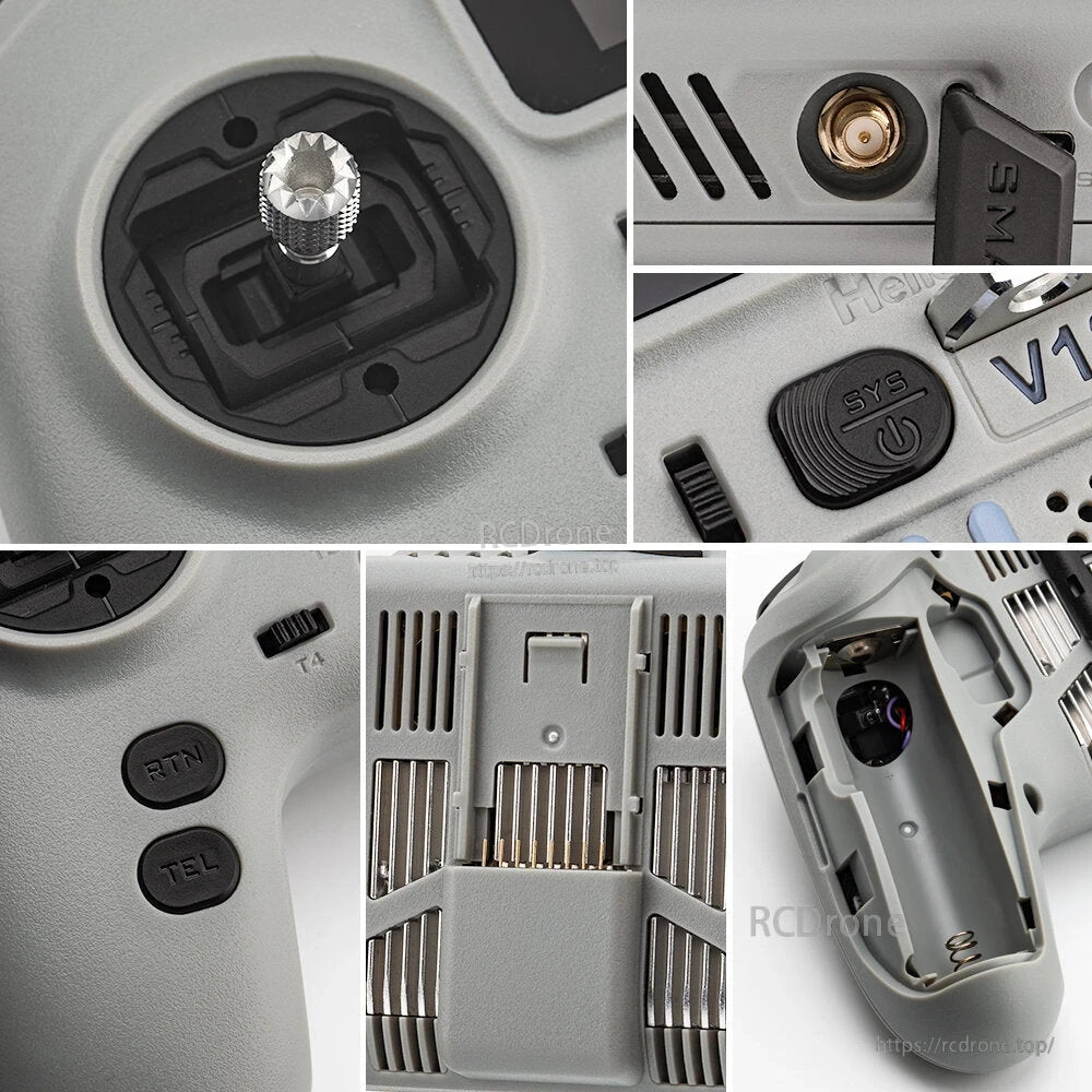 Close-up collage of transmitter details: gimbal, SMA antenna port, SYS button, rear bay, battery compartment