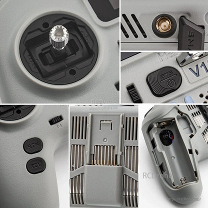 Close-up collage of transmitter details: gimbal, SMA antenna port, SYS button, rear bay, battery compartment