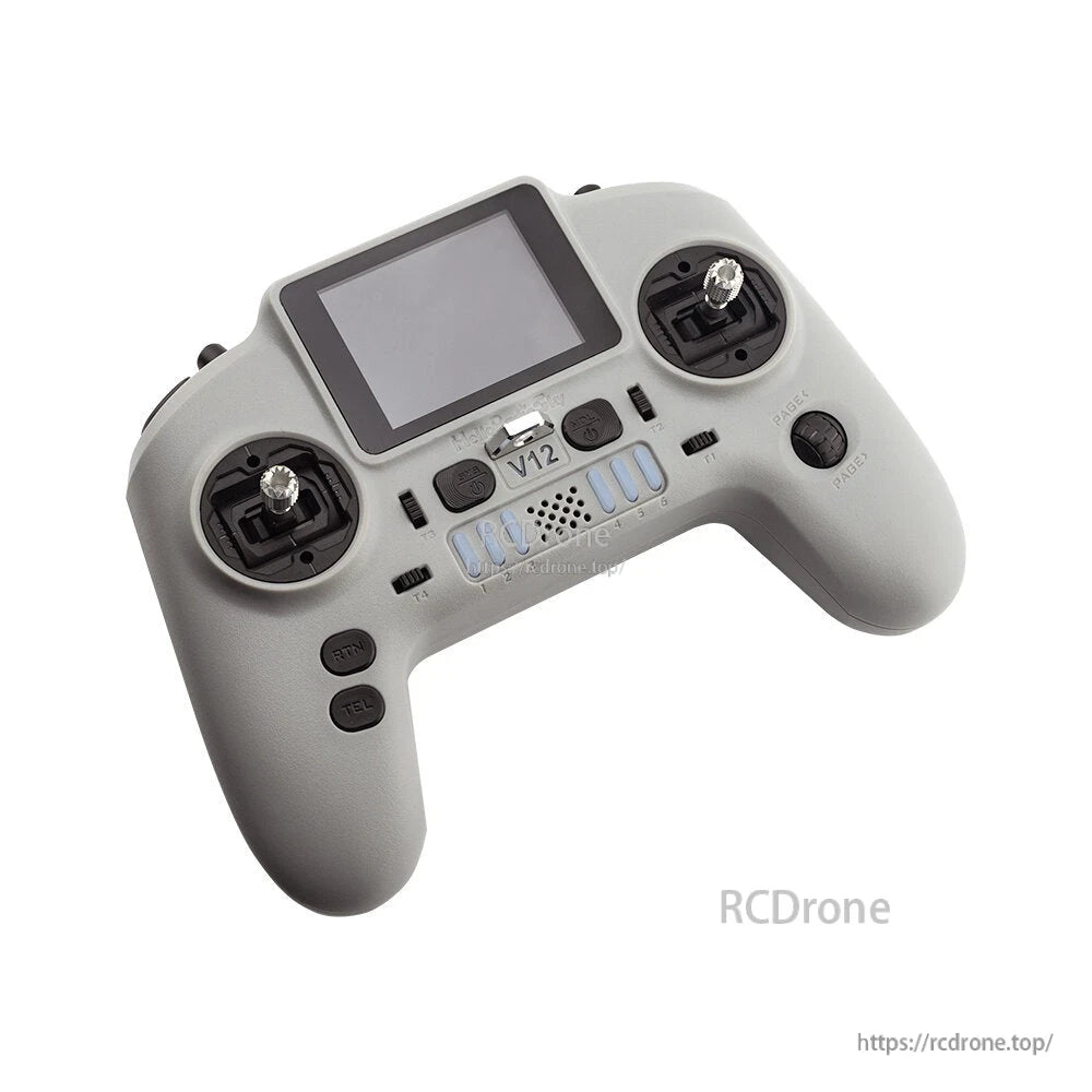 Top angled view of V12 RC radio transmitter showing screen, gimbals, and front control panel layout