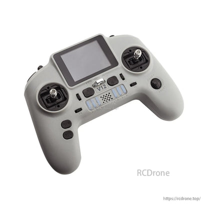 Top angled view of V12 RC radio transmitter showing screen, gimbals, and front control panel layout