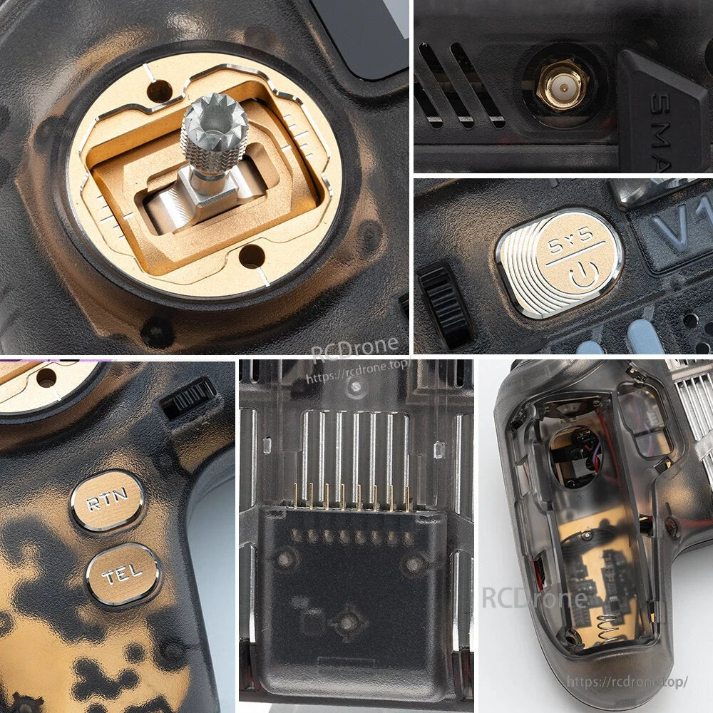 V12 CNCMAX close-ups: CNC gimbal, antenna port, power button, RTN/TEL buttons, battery bay and side view