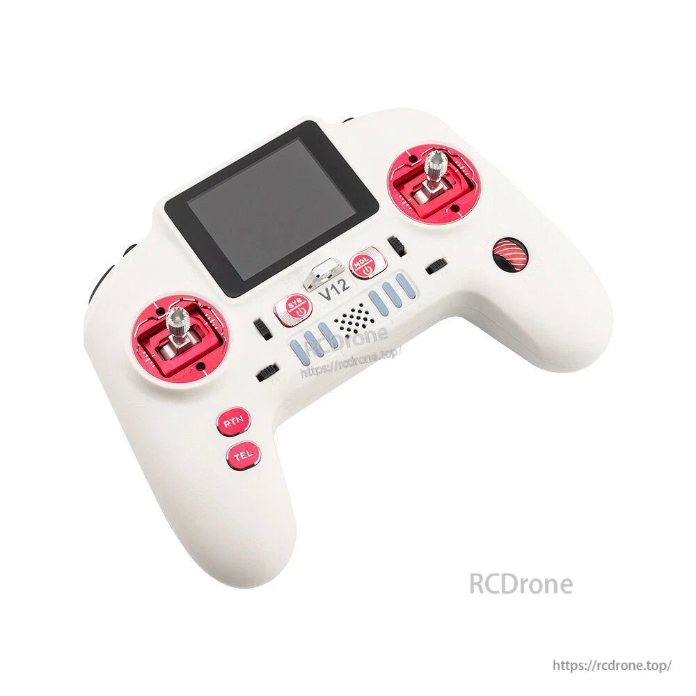 Angled view of white V12 CNCMAX transmitter with red gimbals and 2.4in screen