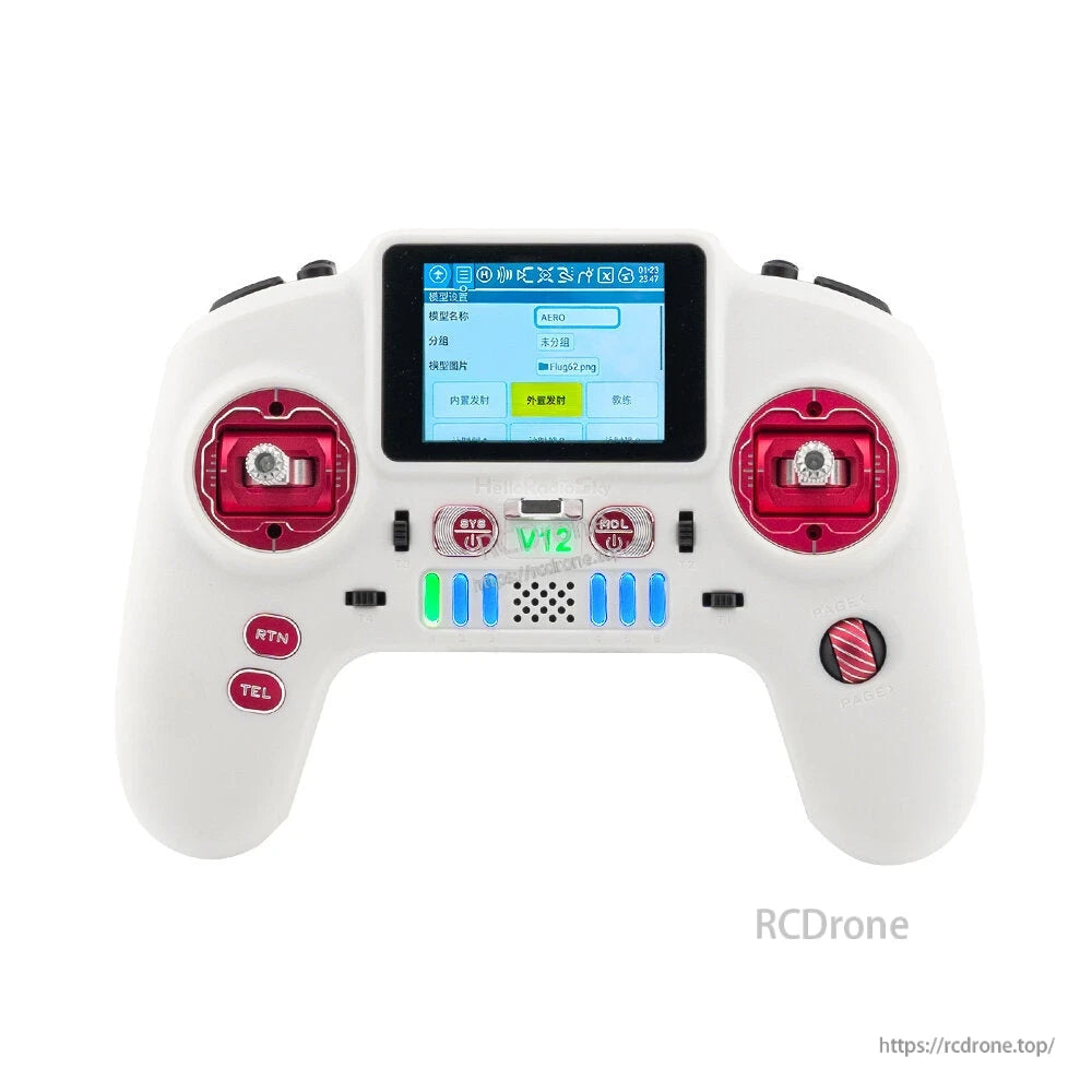 White V12 CNCMAX transmitter with screen menu shown and red gimbals, front view