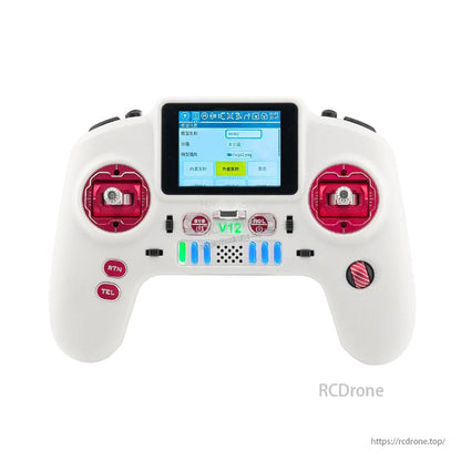 White V12 CNCMAX transmitter with screen menu shown and red gimbals, front view