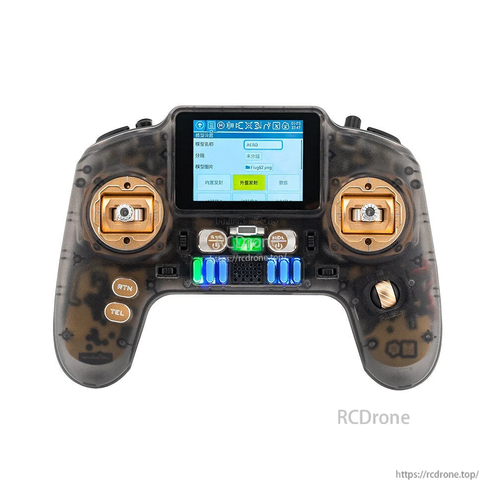V12 CNCMAX transmitter front with screen menu shown and gold CNC gimbals, translucent case