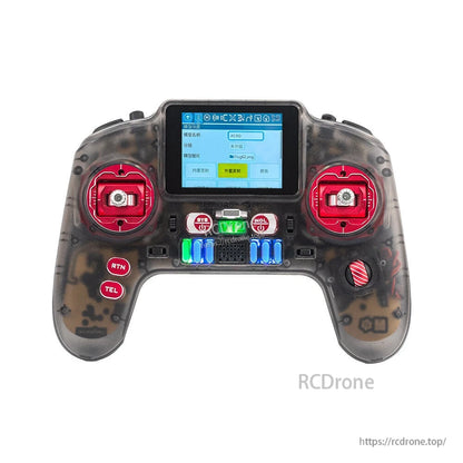 V12 CNCMAX transmitter front with screen menu shown, translucent case and red CNC gimbals