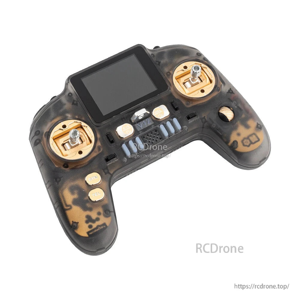 Angled top view of V12 CNCMAX transmitter with gold gimbals and translucent case