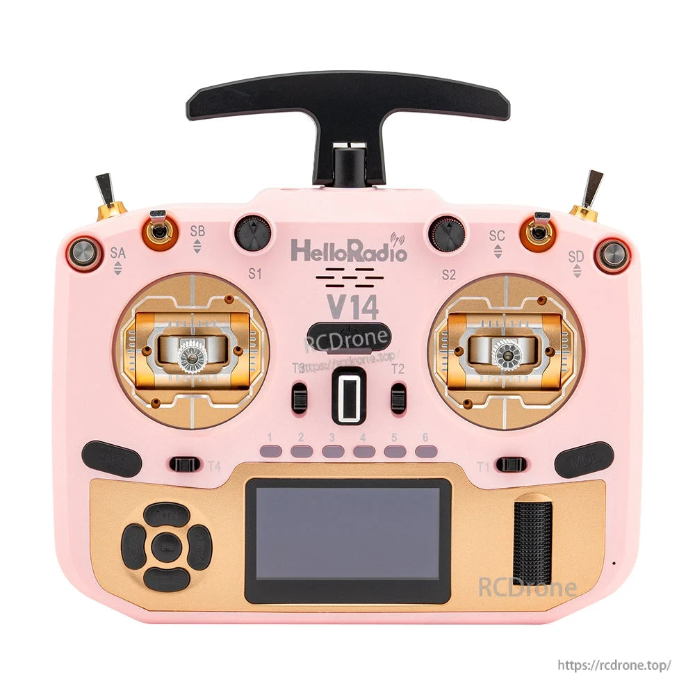 HelloRadio V14 transmitter with dual gimbals and metal casing