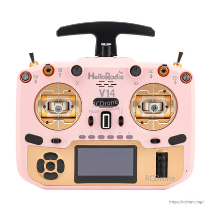 HelloRadio V14 transmitter with dual gimbals and metal casing