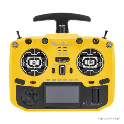 HelloRadio V14 is a metal RC drone transmitter with dual gimbals, buttons, and a screen.