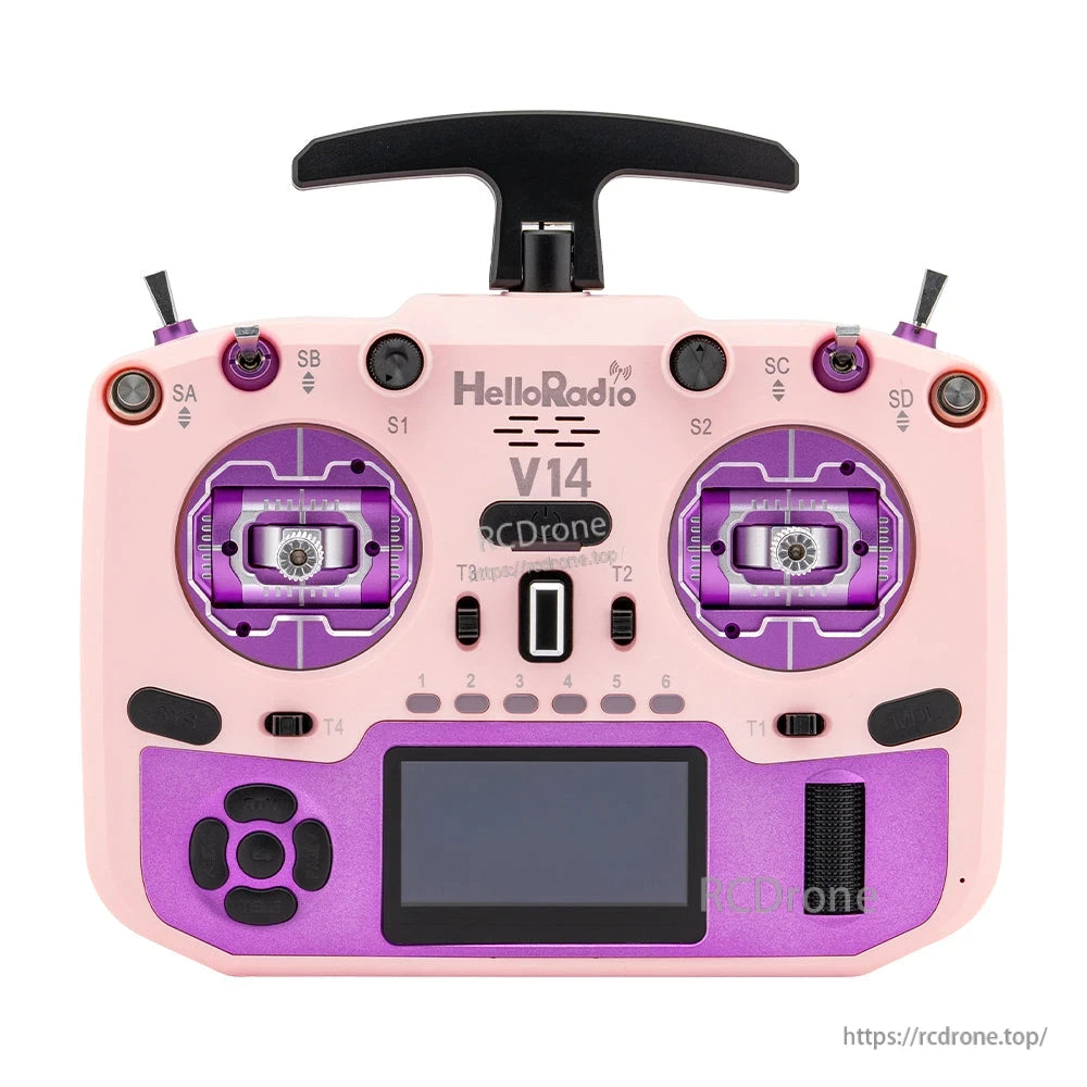HelloRadio V14 transmitter with purple CNC metal gimbals and EdgeTX support.