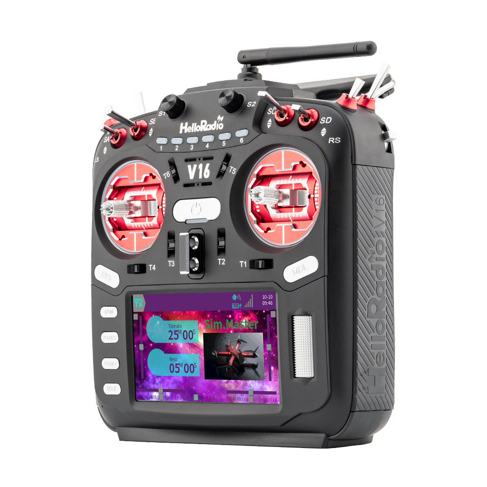 HelloRadio V16 transmitter with colorful screen and dual joysticks.