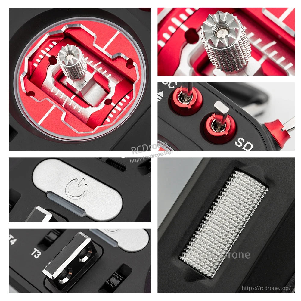 Red and black FPV drone transmitter with textured grips, power button, SD slot, and precise control knobs.