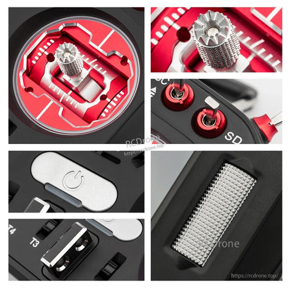 Red and black FPV drone transmitter with textured grips, power button, SD slot, and precise control knobs.