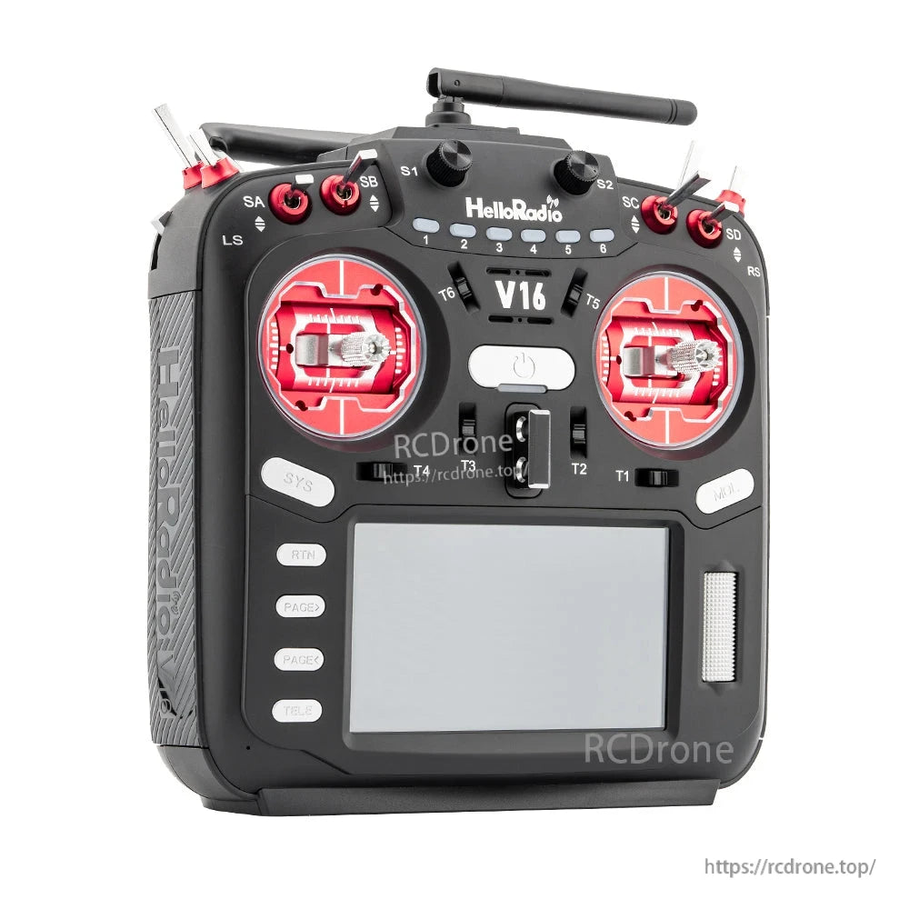 HelloRadio V16 transmitter for FPV drones and aircraft, featuring red joysticks, switches, screen, and ELRS/4IN1 2.4GHz support.