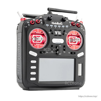HelloRadio V16 transmitter for FPV drones and aircraft, featuring red joysticks, switches, screen, and ELRS/4IN1 2.4GHz support.