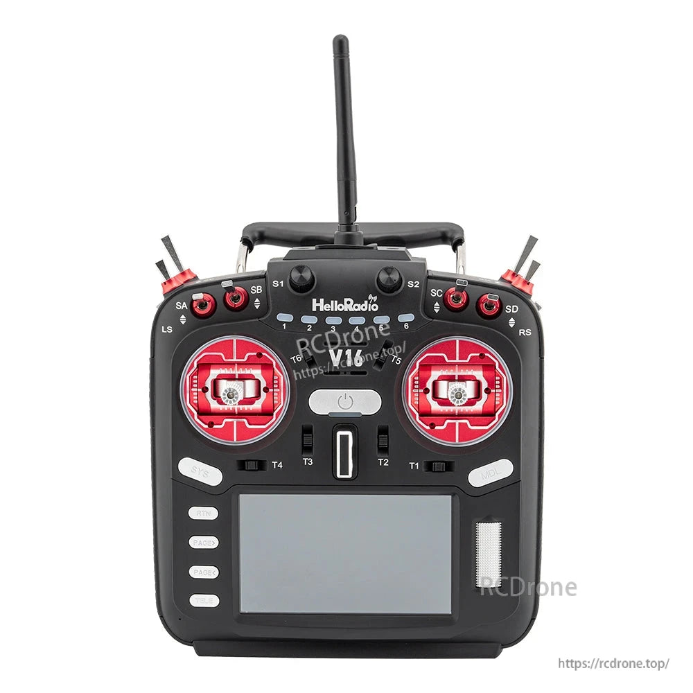 HelloRadio V16 transmitter with red joysticks and screen