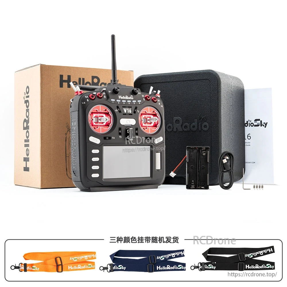 HelloRadioSky V16Max EdgeTX transmitter with ELRS/4IN1 support, includes accessories and branded lanyards.