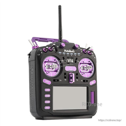 V16R transmitter three-quarter view with purple accents, showing carry handle, gimbals, and screen