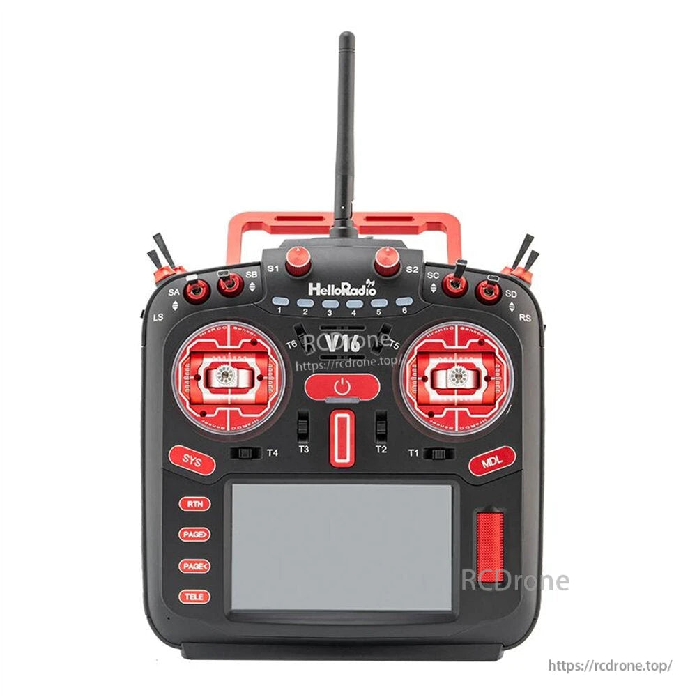 V16R transmitter front view with red accents, dual gimbals, top switches, and display panel