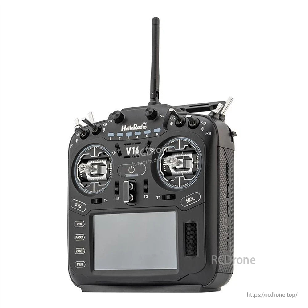 V16R RC transmitter angled front view in black/gray, showing side grip texture and display