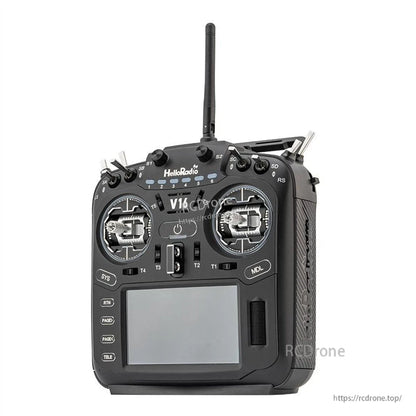 V16R RC transmitter angled front view in black/gray, showing side grip texture and display