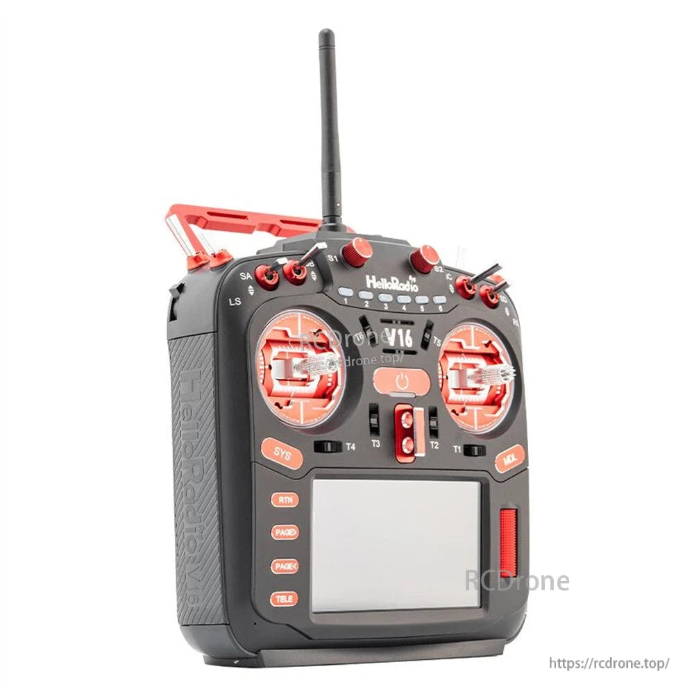 V16R transmitter three-quarter view with red accents, showing top switches, gimbals, and screen