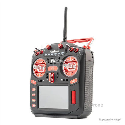 V16R transmitter angled front view with red trim and carry handle, showing gimbals and screen