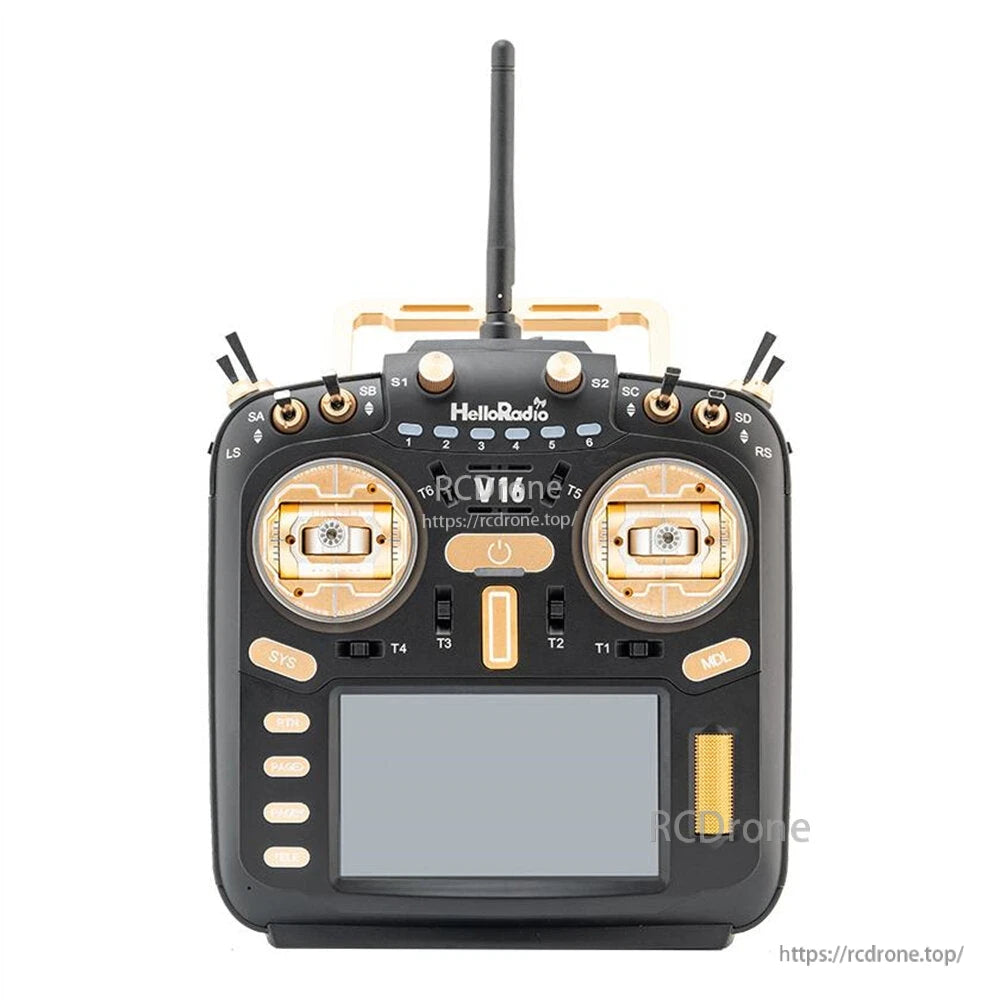 V16R transmitter front view with gold accents, dual gimbals, top switches, and screen
