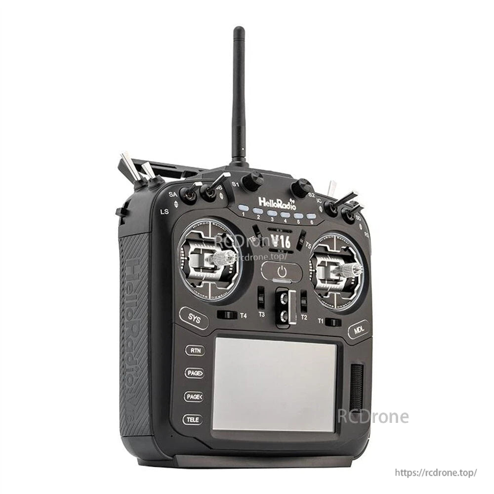 V16R transmitter angled front view from left side, showing gimbals, antenna, and button column